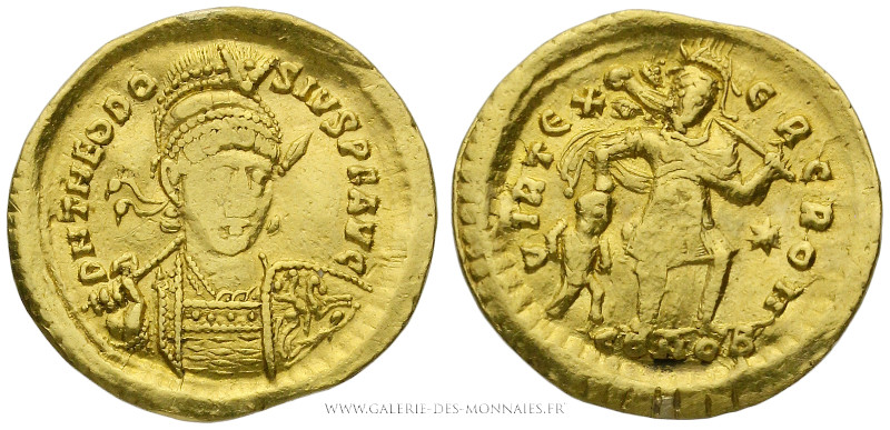 THÉODOSE II (402-450), Solidus frappé à Constantinople en 441, (Or - 4,45 g - 21...