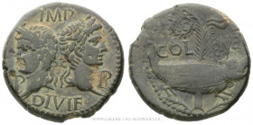 AUGUSTE et AGRIPPA (27 av.-14 ap. J.-C.), Dupondius dit "As de Nîmes" frappé à Nîmes vers 10 - 14 ap. J.-C., (Bronze - 12,45 g - 26,5 mm - 9h)
A/ IMP...