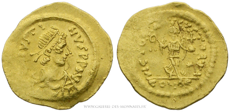 JUSTIN II (565-578), Trémissis frappé à Constantinople, (Or - 1,43 g - 15,9 mm -...