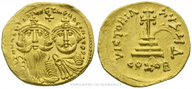 HÉRACLIUS et HÉRACLIUS CONSTANTIN (613-630), Solidus frappé à Constantinople, (Or - 4,38 g - 20,9 mm - 6h)
A/ DDNN HERACLIVS ET HERA CONST PP A. Les ...