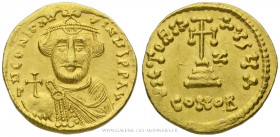 CONSTANT II (641-668), Solidus frappé à Constantinople, (Or - 4,46 g - 18,8 mm - 6h)
A/ DN CONTAN-TINVS PP AV. Buste barbu et couronné de Constant II...