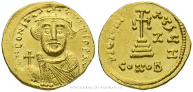 CONSTANT II (641-668), Solidus frappé à Constantinople, (Or - 4,38 g - 19,2 mm - 6h)
A/ DN CONTAN-TINVS PP AV. Buste barbu et couronné de Constant II...