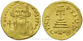 CONSTANT II (641-668), Solidus frappé à Constantinople, (Or - 4,33 g - 19,1 mm - 6h)
A/ DN CONTAN-TINVS PP AV. Buste barbu et couronné de Constant II...