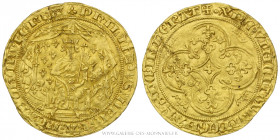 PHILIPPE VI (1328-1350), Pavillon d'or, (Or - 4,86 g - 30,4 mm - 11h)
A/ (Lys) PHILIPPVS: DEI: GRA: FRANCHORVM: REX. Le Roi assis sur un trône, couro...