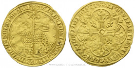 JEAN II (1350-1364), Mouton d'or émission de 1355, (Or - 4,59 g - 30,4 mm - 7h)
A/ + AGN. DEI. QVI. TOLL'. PCCA. MVDI. MISERERE. NOB. Agneau pascal à...