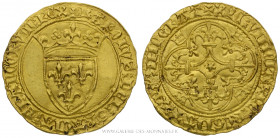 CHARLES VI (1380-1422), Écu d'or à la couronne 4e émission de 1394, point 9e La Rochelle, (Or - 3,9 g - 28,8 mm - 9h)
A/ + KAROLVS: DEI: GTACIA: FRAN...