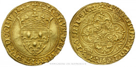 CHARLES VI (1380-1422), Écu d'or à la couronne 5e émission de 1411, point 5e Toulouse, (Or - 3,76 g - 29,6 mm - 7h)
A/ + KAROLVS: DEI: GTACIA: FRANCO...
