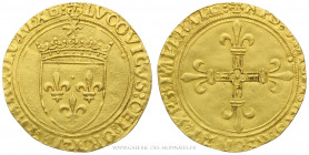 LOUIS XII (1498-1514), Écu d'or au soleil, différent tour et point 6ème, Tours, (Or - 3,32 g - 25,4 mm - 2h)
A/ (Lys couronné) LVDOVICVS: DEI: GRACIA...