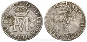 FRANÇOIS II (1559-1560), Teston au nom de François II et Marie Stuart 1560 Edimbourg contremarqué, (Argent - 5,69 g - 30,1 mm - 12h)
A/ + FRAN. ET. M...