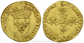 CHARLES IX (1560-1574), Écu d'or au soleil 1565 (MDCLXV) K Bordeaux, (Or - 3,34 g - 25,7 mm - 11h)
A/ (Soleil) CAROLVS. VIII D. G. FRAN. REX. M.D.L.X...