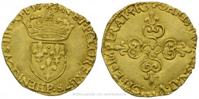 HENRI III (1574-1589), Écu d'or au soleil, 1er type, 1578 P Dijon, (Or - 3,35 g - 24,3 mm - 8h)
A/ HENRICVS. III. D. G. FR-AN. ET POLO. REX 1578. Ecu...