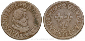 LOUIS XIII (1610-1643), Piéfort du double tournois au buste enfantin au col fraisé 1618 A Paris, (Cuivre - 9,29 g - 21,1 mm - 6h)
A/ Buste du Roi à d...