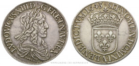 LOUIS XIII (1610-1643), Écu de 60 sols, 2e poinçon de Warin, 1643 A Paris, (Argent - 27,36 g - 38,5 mm - 6h)
A/ Buste du Roi lauré, cuirassé et drapé...