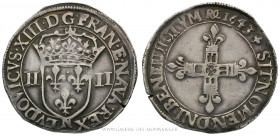 LOUIS XIII (1610-1643), Quart d'écu à la croix fleurdelisée 1643 N Montpellier frappe médaille, (Argent - 9,6 g - 30,1 mm - 12h)
A/ LVDOVICVS. XIII. ...