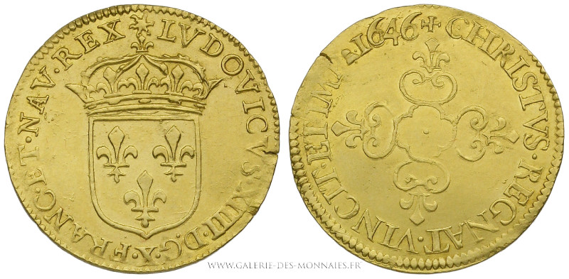 LOUIS XIV (1643-1715), Écu d'or au soleil 1646 X Amiens, (Or - 3,36 g - 24 mm - ...