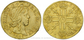 LOUIS XIV (1643-1715), Louis à la mèche longue, 1648 A Paris différent cœur, (Or - 6,7 g - 23,9 mm - 6h)
A/ Tête enfantine du Roi à droite, laurée, a...