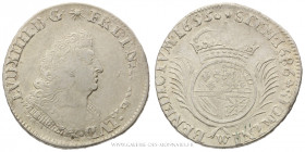 LOUIS XIV (1643-1715), Quart d'écu de Flandre aux palmes 1695 W Lille, (Argent - 9,23 g - 30,3 mm - 6h)
A/ Buste cuirassé du Roi à droite.
R/ Écu ro...