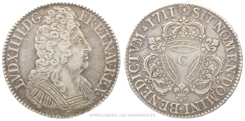 LOUIS XIV (1643-1715), Écu aux trois couronnes, 1711 C Caen, (Argent - 30,24 g -...