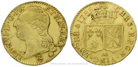 LOUIS XVI (1774-1793), Louis d'or à la tête nue 1788 A Paris, (Or - 7,56 g - 23,6 mm - 6h)
A/ Tête nue du Roi à gauche.
R/ Écus accolés de France et...