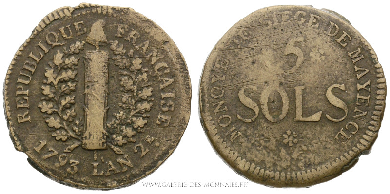 CONVENTION (1792-1795), 5 Sols 1793 L'AN 2, (Cuivre - 17,66 g - 31,2 mm - 12h)
...