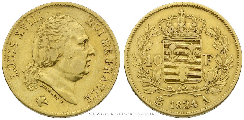 LOUIS XVIII (1815-1824), 40 FRANCS OR Louis XVIII 1824 A Paris, (Or - 12,83 g - ...