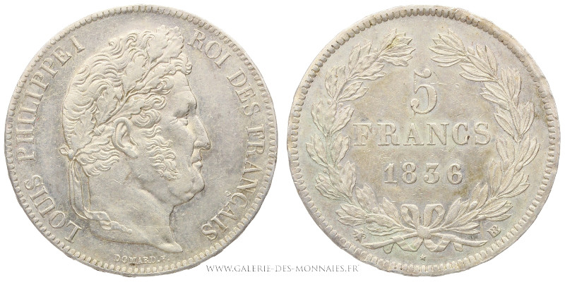 LOUIS-PHILIPPE Ier (1830-1848), 5 FRANCS Tête laurée, 1836 BB Strasbourg, (Argen...