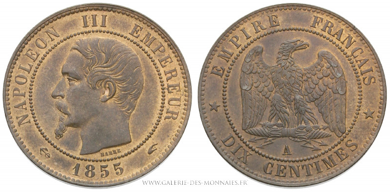 SECOND EMPIRE (1852-1870), DIX CENTIMES Napoléon III, tête nue, 1855 A Paris dif...