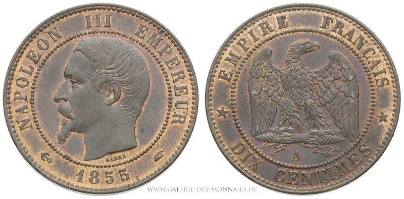 SECOND EMPIRE (1852-1870), DIX CENTIMES Napoléon III, tête nue, 1855 A Paris dif...