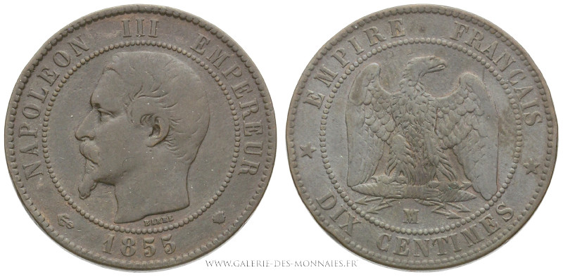 SECOND EMPIRE (1852-1870), DIX CENTIMES Napoléon III, tête nue, 1855 MA Marseill...