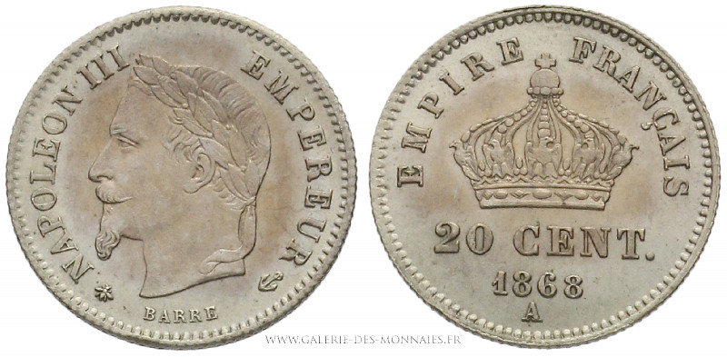 SECOND EMPIRE (1852-1870), 20 CENT. Napoléon III tête laurée grand module 1868 A...