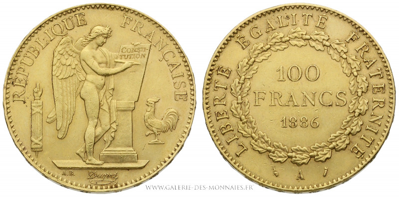 TROISIÈME RÉPUBLIQUE (1871-1940), 100 FRANCS OR Génie, 1886 A Paris, (Or - 32,24...