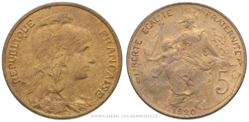 TROISIÈME RÉPUBLIQUE (1871-1940), 5 Centimes Daniel DUPUIS 1920, (Bronze - 4,94 ...