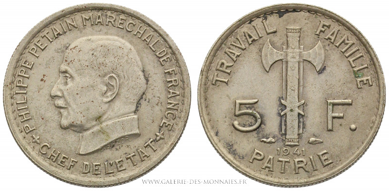 ÉTAT FRANÇAIS (1940-1944), 5 FRANCS Maréchal Pétain 1941, (Cupro-nickel - 4 g - ...