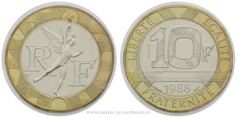 CINQUIÈME RÉPUBLIQUE (1959- ), 10 FRANCS Génie de la Bastille ESSAI 1988, (Bimét...