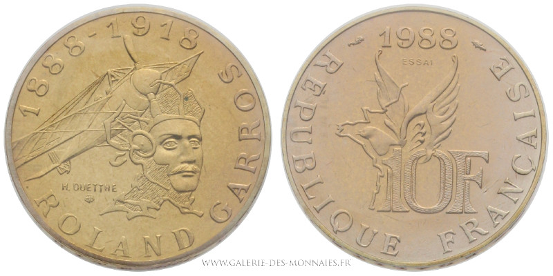 CINQUIÈME RÉPUBLIQUE (1959- ), 10 FRANCS Roland Garros aviateur ESSAI 1988, (Cup...