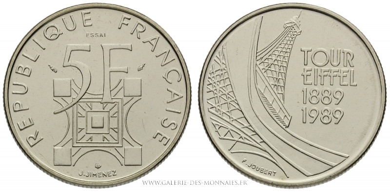 CINQUIÈME RÉPUBLIQUE (1959- ), 5 FRANCS Centenaire de la tour Eiffel ESSAI 1989,...