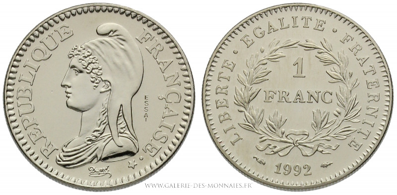 CINQUIÈME RÉPUBLIQUE (1959- ), 1 FRANC République ESSAI 1992, (Nickel - 6 g - 24...