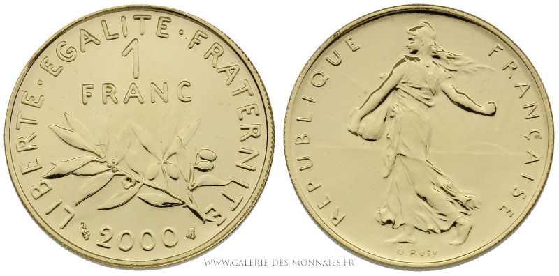 CINQUIÈME RÉPUBLIQUE (1959- ), 1 FRANC Semeuse Or épreuve BU 2000, (Or - 8 g - 2...