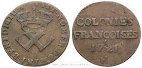 AMÉRIQUE, LOUIS XV (1715-1774), 9 Deniers des Colonies Françoises 1721 H La Rochelle, (Cuivre - 5,34 g - 25,7 mm - 6h)
A/ 2 L croisés et couronnés.
...
