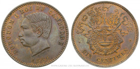 CAMBODGE, Norodom Ier (1860-1904), 10 CENTIMES 1860, (Bronze-aluminium-nickel - 9,82 g - 30,3 mm - 6h)
A/ Tête nue de Norodom Ier à gauche.
R/ Armes...