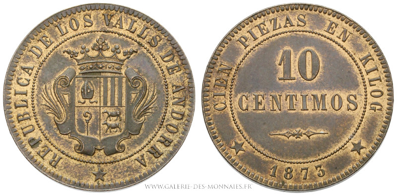 ANDORRE, , 10 Centimos 1873, (Bronze - 9,94 g - 30,5 mm - 6h)
A/ Armes couronné...