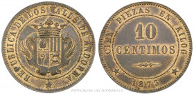 ANDORRE, , 10 Centimos 1873, (Bronze - 9,94 g - 30,5 mm - 6h)
A/ Armes couronnées.
R/ Valeur dans un grénetis, millésime à l'exergue.
Réf. Gad.331/...