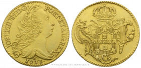 BRÉSIL, Joseph Ier de Portugal (1750-1777), 6400 Reis or 1777 R Rio de Janeiro, (Or - 14,24 g - 31,1 mm - 12h)
A/ Buste drapé et lauré à droite.
R/ ...