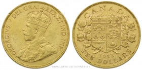 CANADA, Georges V (1910-1936), 10 Dollars 1913 Ottawa, (Or - 16,71 g - 26,8 mm - 12h)
A/ Buste habillé et couronné à gauche.
A/ Armes dans une couro...