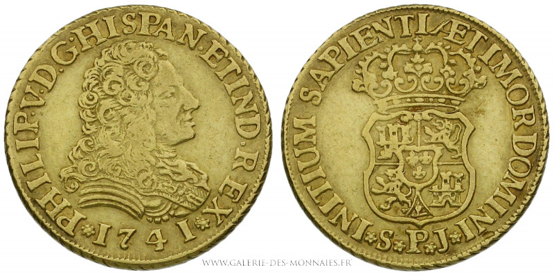 ESPAGNE, Philippe V (1700-1746), 2 Escudos 1741 PJ S Séville, (Or - 6,73 g - 21,...