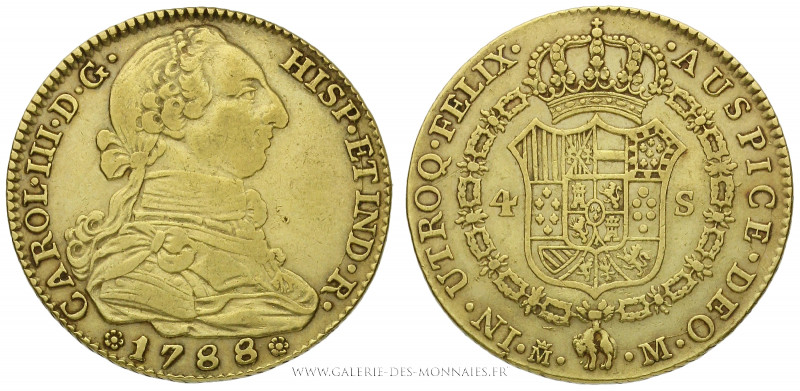 ESPAGNE, Charles III (1759-1788), 4 Escudos 1788 M M Madrid, (Or - 13,36 g - 29 ...