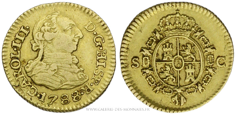 ESPAGNE, Charles III (1759-1788), 1/2 Escudo 1788 C Séville, (Or - 1,72 g - 14,9...