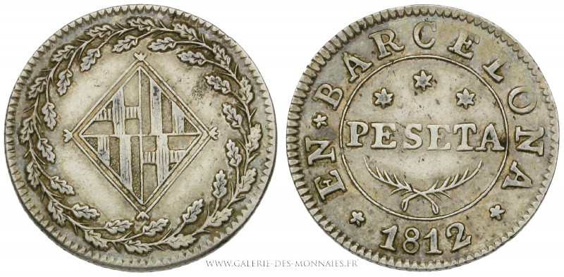 ESPAGNE, Barcelone - Joseph Napoléon (1808-1814), 1 Peseta 1812 Barcelone, (Arge...