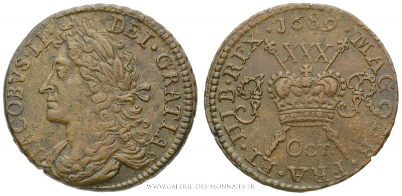 IRLANDE, Révolution Anglaise (1689-1691), 1/2 Crown OCT.1689, (Bronze - 13,49 g ...