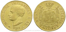 ITALIE, NAPOLÉON I Roi d'Italie (1805-1814), 40 Lire 1808 M Milan tranche en relief, variété "virgule" dans la date après 0, (Or - 12,85 g - 26,4 mm -...